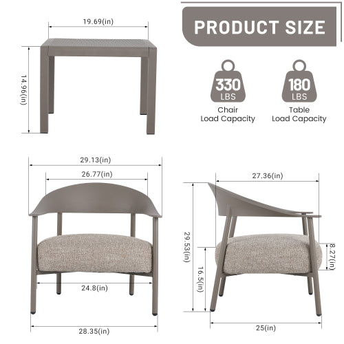 Holiday - Modern 2-Piece Accent Chair Set with Coffee Table – Warm Grey PP & Steel Frame Sofa Set, Soft Cushioned Seating for Living Room, Lounge, Balcony (2 Chairs + 1 Table)