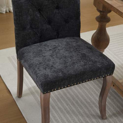Upholstered Chenille Dining Chair Set of 2, Tufted Accent Chair with Curved Solid Wood Legs, Black