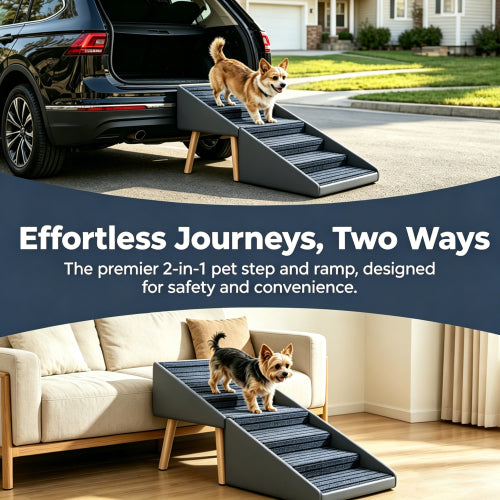 Grey 2-in-1 Foldable Pet Stairs Ottoman, 6 Steps Dog Ramp 25.2 inch, Converts to Footrest for Large & Small Dogs