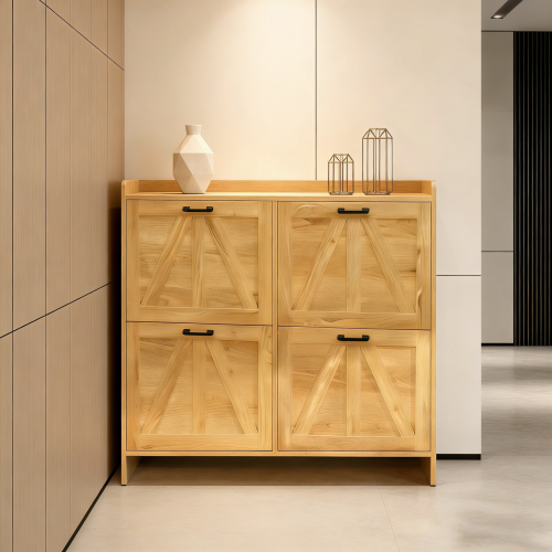 Light Oak Rustic Barn-Door Shoe Cabinet with 4 Flip Drawers, Sleek Space-Saving Entryway Organizer for Living Room
