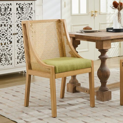 Single Olive Green Rustic Solid Wood Arm Rattan Dining Chair, Natural Finish Linen Upholstered Side Accent Chair