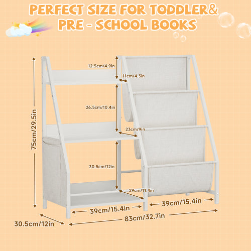 White Montessori Kids Bookshelf Wooden Fabric Combined Anti-Tip Toddler Nursery Book Toy Storage Rack