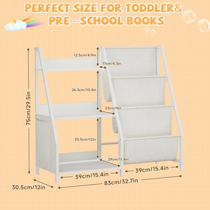 White Montessori Kids Bookshelf Wooden Fabric Combined Anti-Tip Toddler Nursery Book Toy Storage Rack