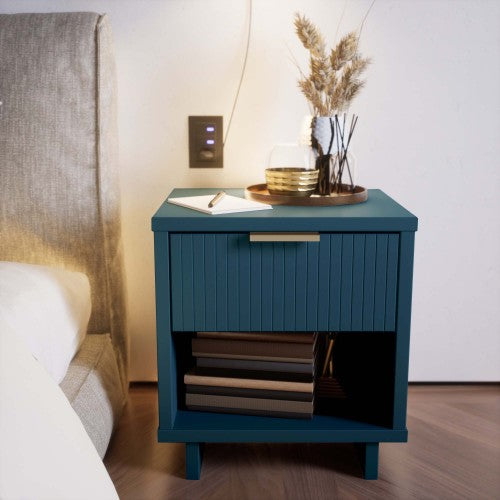 Midnight Blue Ribbed Solid Wood Nightstand