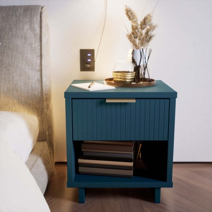Midnight Blue Ribbed Solid Wood Nightstand