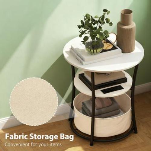 Round Side Table with Charging Station 3 Tier Storage Fabric Bag