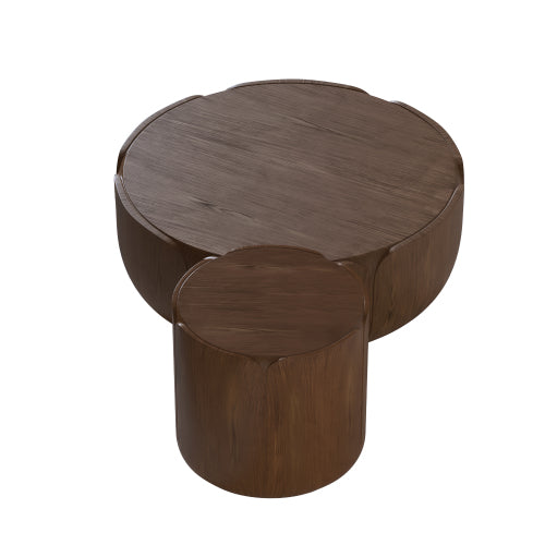 Round Outdoor Indoor Coffee Table Set, Modern Wood Grain Drum Center Table Set, Sturdy MGO (Magnesium Oxide) Waterproof, No-Assembly Table for Patio, Garden, Backyard, Living Room,Brown(Set of 2)