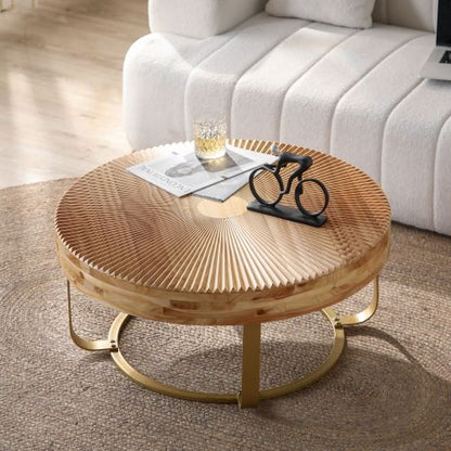 Round Wood Coffee Table Gold Metal Legs Carved Pine Accent Living Room Table