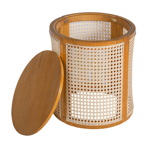 Ochre Round Rattan End Table, 15.7 Inch Woven Side Table with Rubber Wood Top, Small Accent Table for Bedroom Living Room