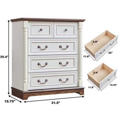 Farmhouse Style 5 Drawer Dresser Chest with Base Wooden Rustic Chest of Drawers, Storage Dresser Organizer for Bedroom, Living Room, Beautiful Sturdy and Durable