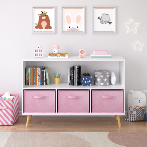Kids Bookcase with Fabric Drawers and Toy Storage Organizer, White/Pink