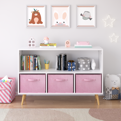 Kids Bookcase with Fabric Drawers and Toy Storage Organizer, White/Pink