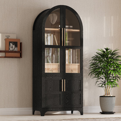 71inch  Arched Farmhouse Pantry Cabinet with Glass Doors Black