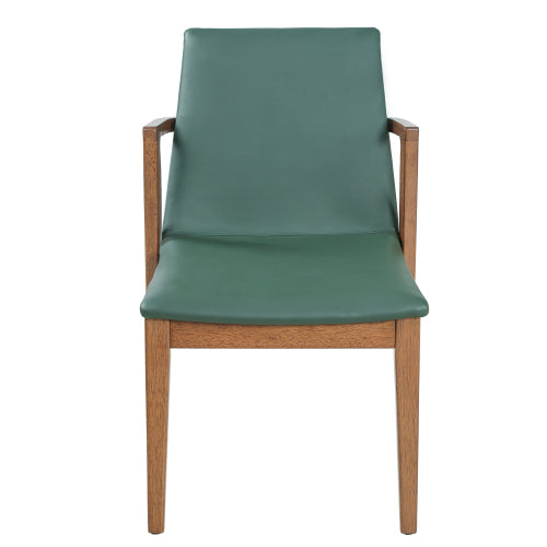 Set of 2 Mid-Century Green PU Arm Dining Chairs, Walnut Rubber Wood Frame 250lbs Capacity