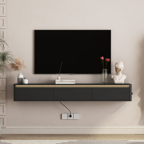 Black Floating Wall Mount High Gloss TV Cabinet with Touch LED Light Strip & Built-in Power Outlet