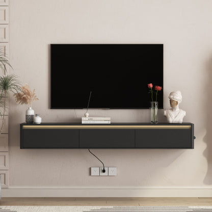 Black Floating Wall Mount High Gloss TV Cabinet with Touch LED Light Strip & Built-in Power Outlet