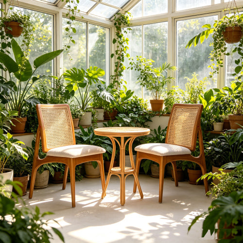 Mid Century Rattan Dining Chairs Set of 2, Solid Rubber Wood Side Chairs with Cane Rattan Back