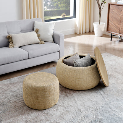 Natural Rattan Fabric Round Storage Ottoman with Inner Stool, 2 in 1 Footrest & Side Table, 25 inch x25 inch x14.7 inch
