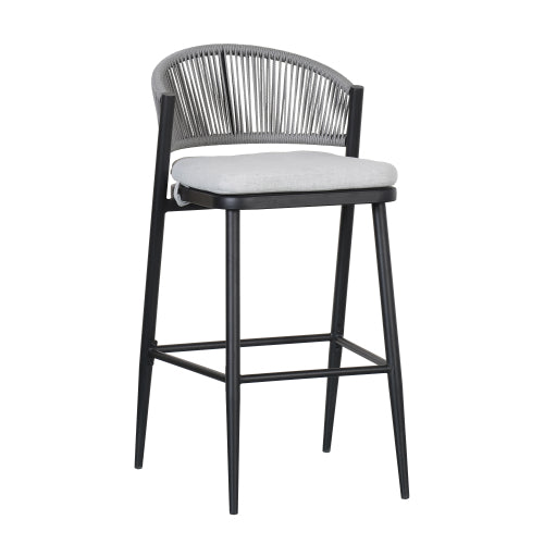 Outdoor 30.25" Seat Height Metal Frame Barstools with PE Rattan Scallop-shaped Backrest, Set of 2, Matte Black