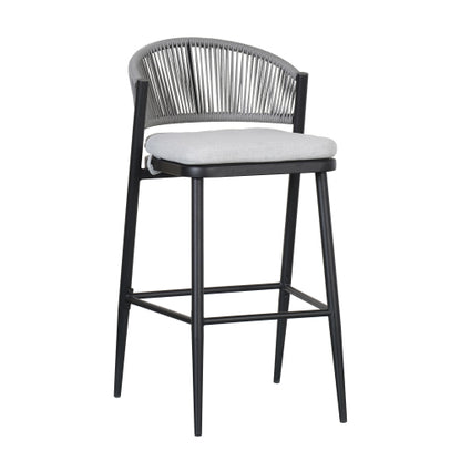 Outdoor 30.25" Seat Height Metal Frame Barstools with PE Rattan Scallop-shaped Backrest, Set of 2, Matte Black