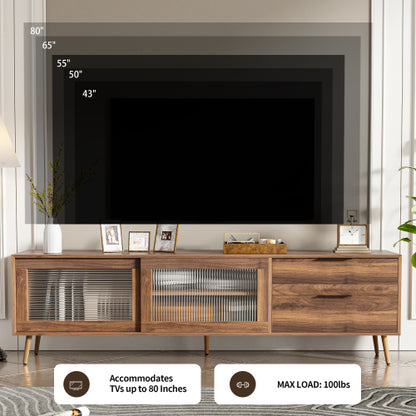 70.8 Inch Walnut Mid-Century TV Stand Tempered Glass Sliding Door Media Console for 75 inch+ TV