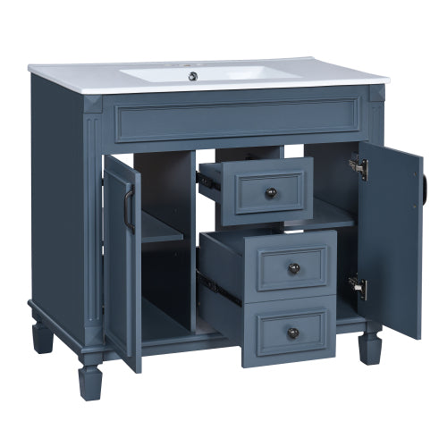 36'' Bathroom Vanity with Top Sink, Royal Blue Mirror Cabinet, Modern Bathroom Storage Cabinet with 2 Soft Closing Doors and 2 Drawers, Single Sink Bathroom Vanity