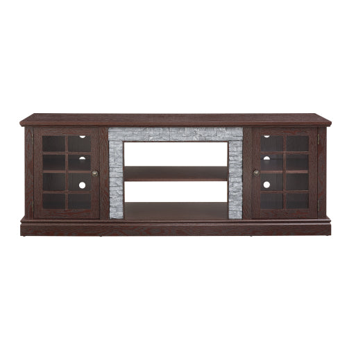 70 Inch Cherry Faux Stone 2-Door TV Media Console Adjustable Storage Shelves 6 Cable Holes Holds 75 Inch TV