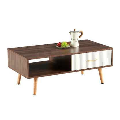40.94inch  Rectangle Coffee Table with Drawer, Walnut Solid Wood Leg Table, 220lbs Load