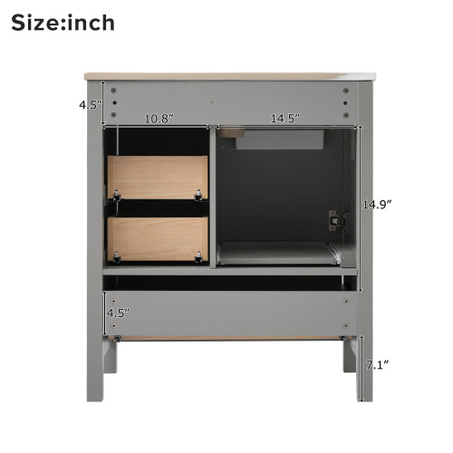 30" Gray Bathroom Vanity with Sink Combination Set, Bathroom Storage Cabinet with Soft Close Door, 3 Soft Close Drawers and Removable Tray, Solid Wood Frame