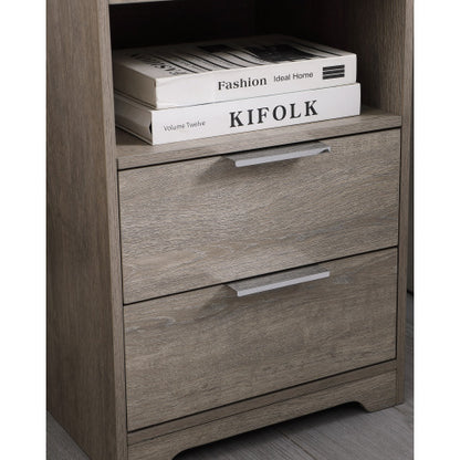 Gray Nightstand with Charging Station, 2 Drawers & Open Shelf Wooden Modern End Table