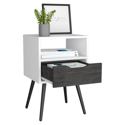 Smokey Oak & White Nightstand with Drawer & Shelf