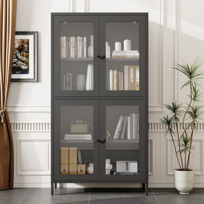 Black Classic 4-Glass-Door Metal Storage Cabinet Adjustable Shelf Home Office Display Cabinet