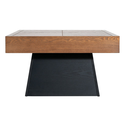 31.5inch  Square Mid-Century Coffee Table, Brown Wood-Grain Top & Black Base Farmhouse Center Table
