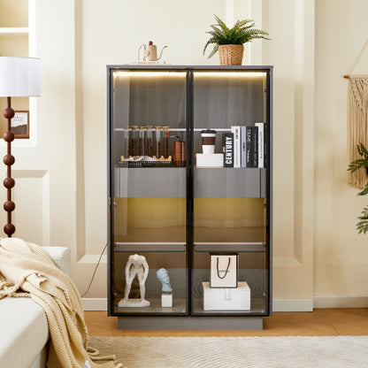 60.6'' Freestanding Grey Glass Door Display Cabinet LED Light Adjustable Shelves Home Storage Cabinet