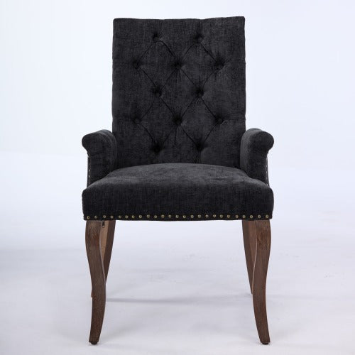 Upholstered Chenille Arm Dining Chair, Tufted Accent Chair with Curved Solid Wood Legs, Black, Single Pack