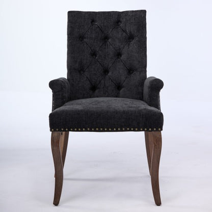 Upholstered Chenille Arm Dining Chair, Tufted Accent Chair with Curved Solid Wood Legs, Black, Single Pack