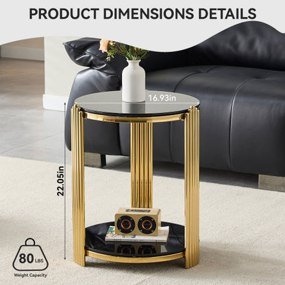 16.9inch  Double-Layer Black Tempered Glass & Gold Steel End Table
