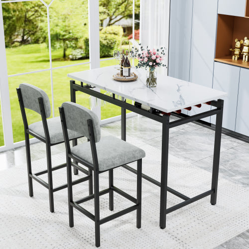 3-Piece Marble Finish Dining Set, Black Table & 2 Grey PU Upholstered Chairs