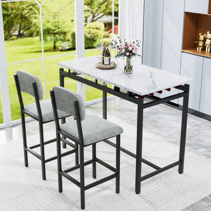3-Piece Marble Finish Dining Set, Black Table & 2 Grey PU Upholstered Chairs