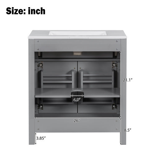 30" Bathroom Vanity with Ceramic Sink, Modern Gray Single Bathroom Cabinet with 2 Doors and a Shelf, Soft Close Doors