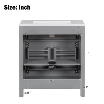30" Bathroom Vanity with Ceramic Sink, Modern Gray Single Bathroom Cabinet with 2 Doors and a Shelf, Soft Close Doors