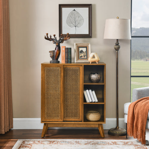 Mid Century Rattan Sideboard Cabinet with Adjustable Shelves and Wood Legs Light Wood