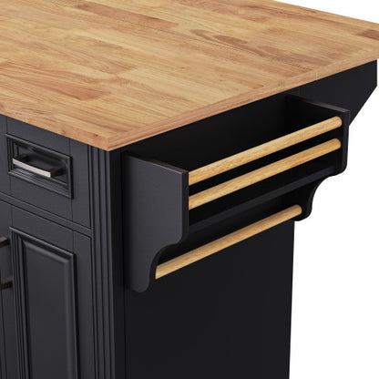 54 Inch Rolling Kitchen Island with Drop Leaf Drawers & Wheels Black