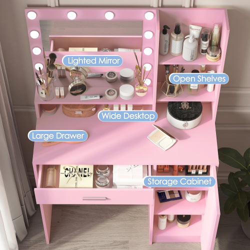 Pink Vanity Desk with Mirror & Light, 12 LED Bulbs, Large Drawer, 3 Shelves & 3-Level Cabinets, 3 Lighting Modes