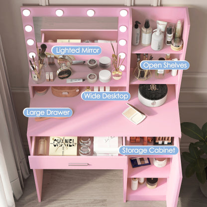 Pink Vanity Desk with Mirror & Light, 12 LED Bulbs, Large Drawer, 3 Shelves & 3-Level Cabinets, 3 Lighting Modes