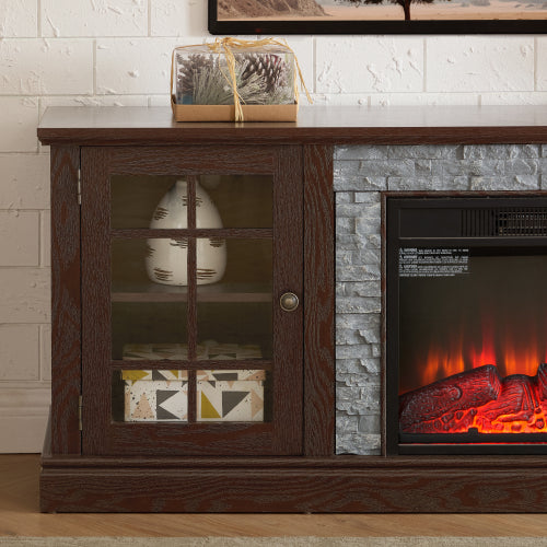 70 Inch TV Stand with Electric Fireplace Cherry Faux Stone Media Console