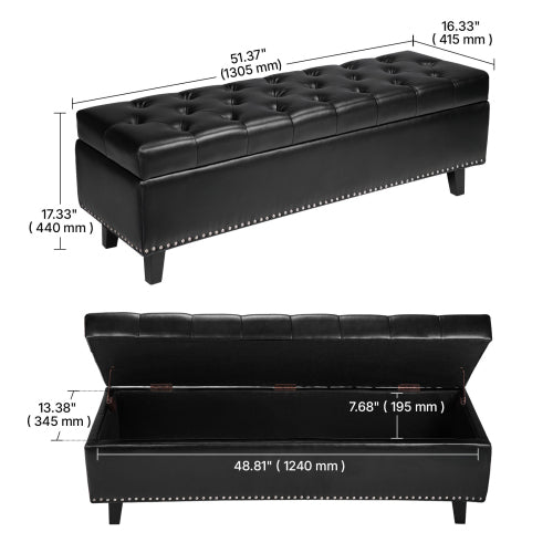 Button-Tufted Storage Ottoman Bench PU Leather Bench with Wood Legs Black