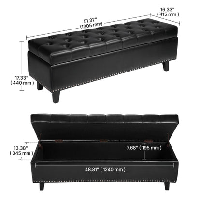 Button-Tufted Storage Ottoman Bench PU Leather Bench with Wood Legs Black