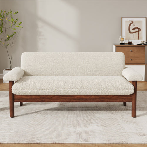 72.8 Inch Beige Modern 2-Seater Loveseat Sofa w/Armrest Pillars Berber-Fleece Rubberwood Frame for Small-Space Living-Room