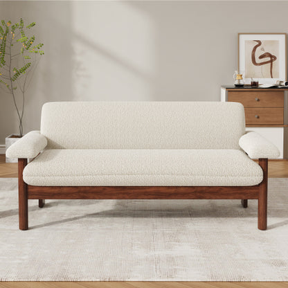 72.8 Inch Beige Modern 2-Seater Loveseat Sofa w/Armrest Pillars Berber-Fleece Rubberwood Frame for Small-Space Living-Room